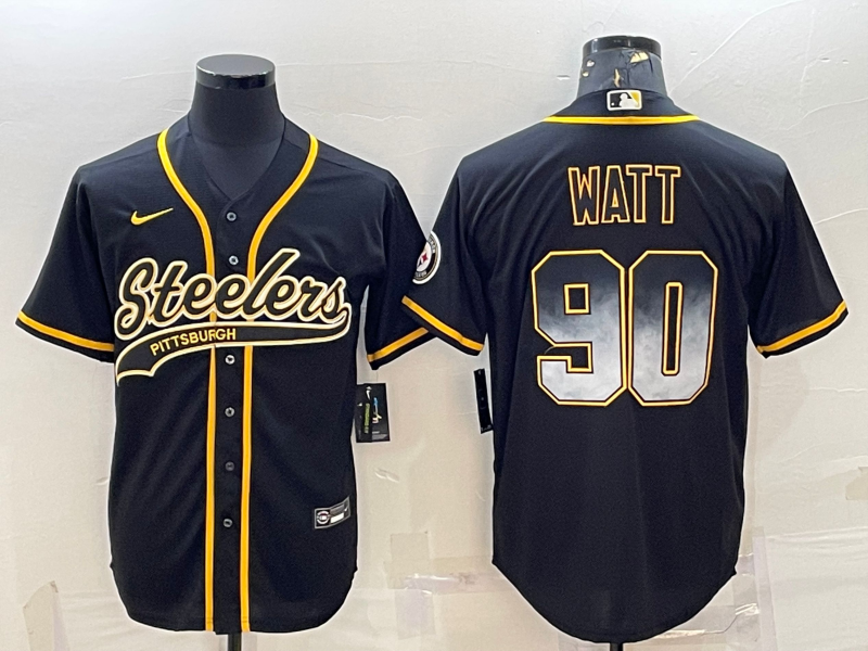 Pittsburgh Steelers #90 T.J. Watt Black Gold With Patch Cool Base Stitched Baseball Jersey - Zenithce