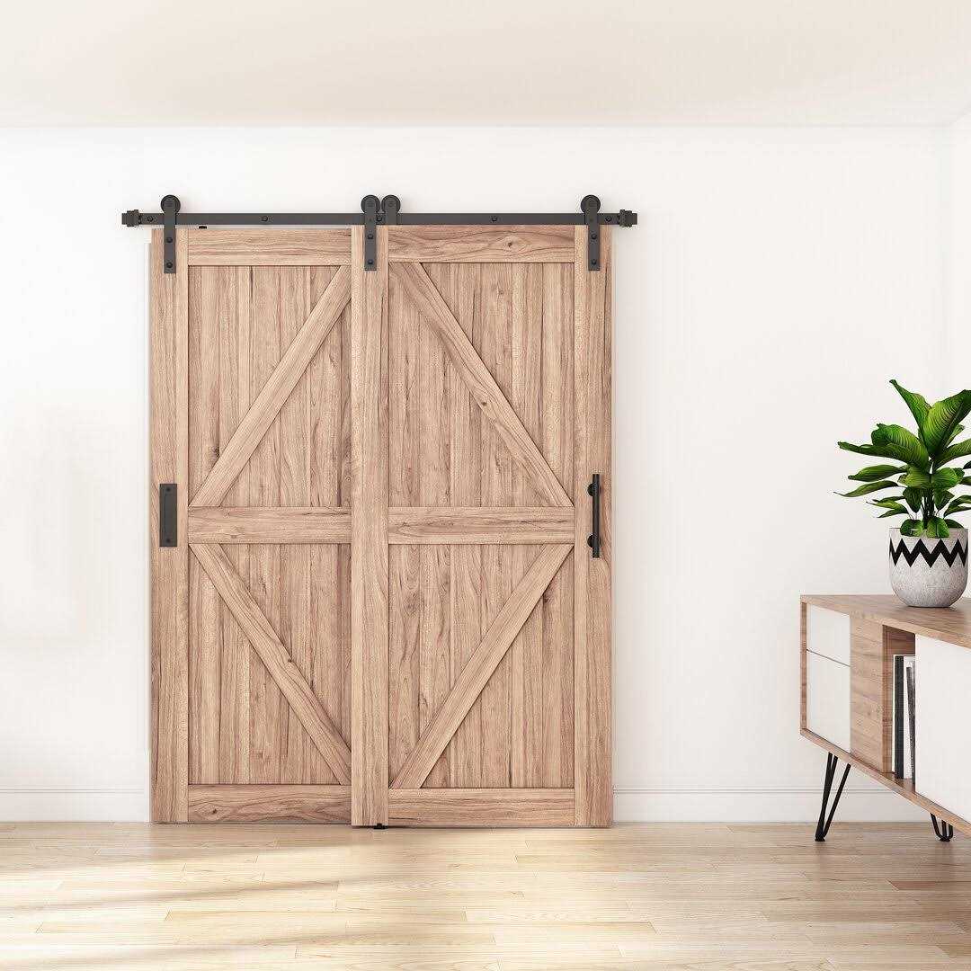 WINSOON Single Track Bypass Sliding Barn Door Hardware Kit for Double Doors Low Ceiling - Zenithce