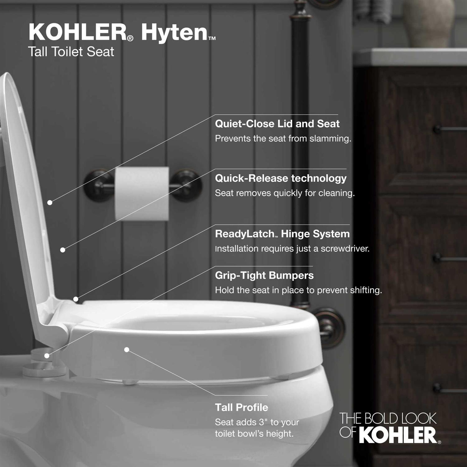 KOHLER Hyten Elevated Quiet-Close Elongated Toilet Seat K-25875-0 - Zenithce