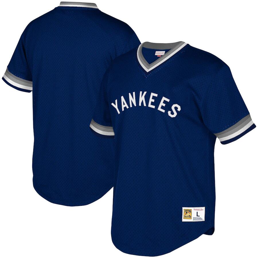 New York Yankees Navy Mitchell Ness Cooperstown Collection Mesh Wordmark V-Neck Jersey - Zenithce