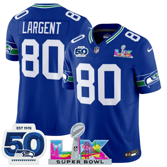 Seattle Seahawks #80 Steve Largent Royal 2025 F.U.S.E. Super Bowl LX Patch And 50th Season Patch Vapor Throwback Limited Stitched Jersey - Zenithce