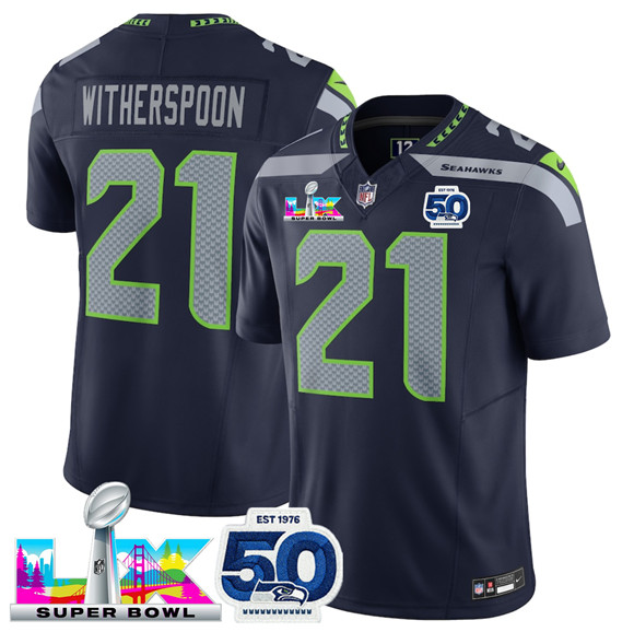 Seattle Seahawks #21 Devon Witherspoon Navy 2025 F.U.S.E. Super Bowl LX Patch And 50th Season Patch Vapor Limited Stitched Jersey - Zenithce
