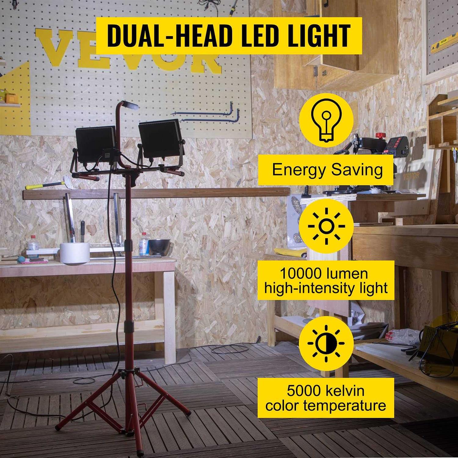 VEVOR LED Work Light with Stand Dual-head LED Work Light with 27.6-68.1 Adjustable and Foldable Tripod Stand - Zenithce