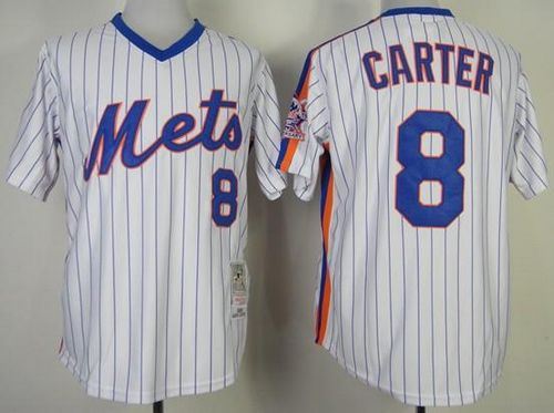 Mitchell And Ness Mets #8 Gary Carter Stitched White Blue Strip Throwback Jersey - Zenithce