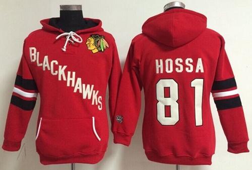 Chicago Blackhawks #81 Marian Hossa Red Women's Old Time Heidi NHL Hoodie - Zenithce