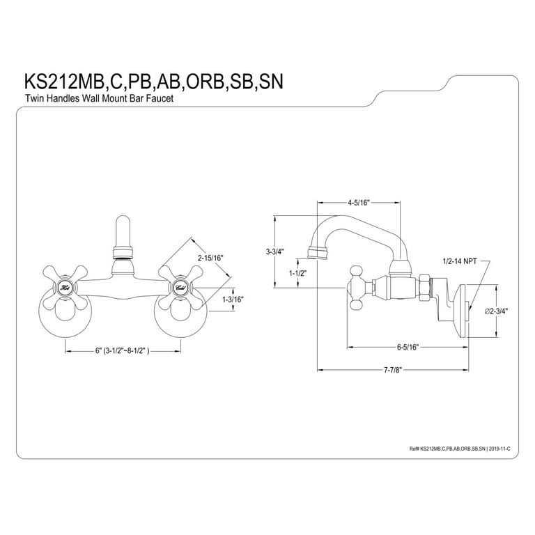 Kingston Brass Two-Handle Wall Mount Bar Faucet KS212 - Zenithce
