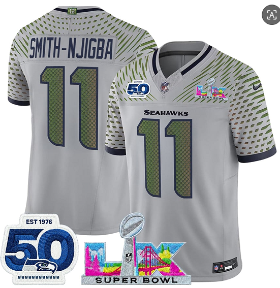 Seattle Seahawks #11 Jaxon Smith-Njigba Gray 2025 F.U.S.E. Super Bowl LX Patch And 50th Season Patch “Rivalries” Vapor Limited Stitched Jersey - Zenithce