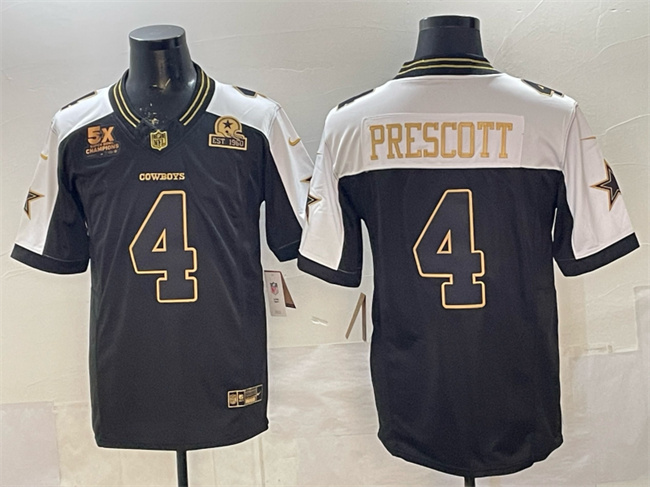 Dallas Cowboys #4 Dak Prescott Black Gold 2025 F.U.S.E. With 5x Super Bowl Champions Established In 1960 Patch Vapor Limited Stitched Jersey - Zenithce
