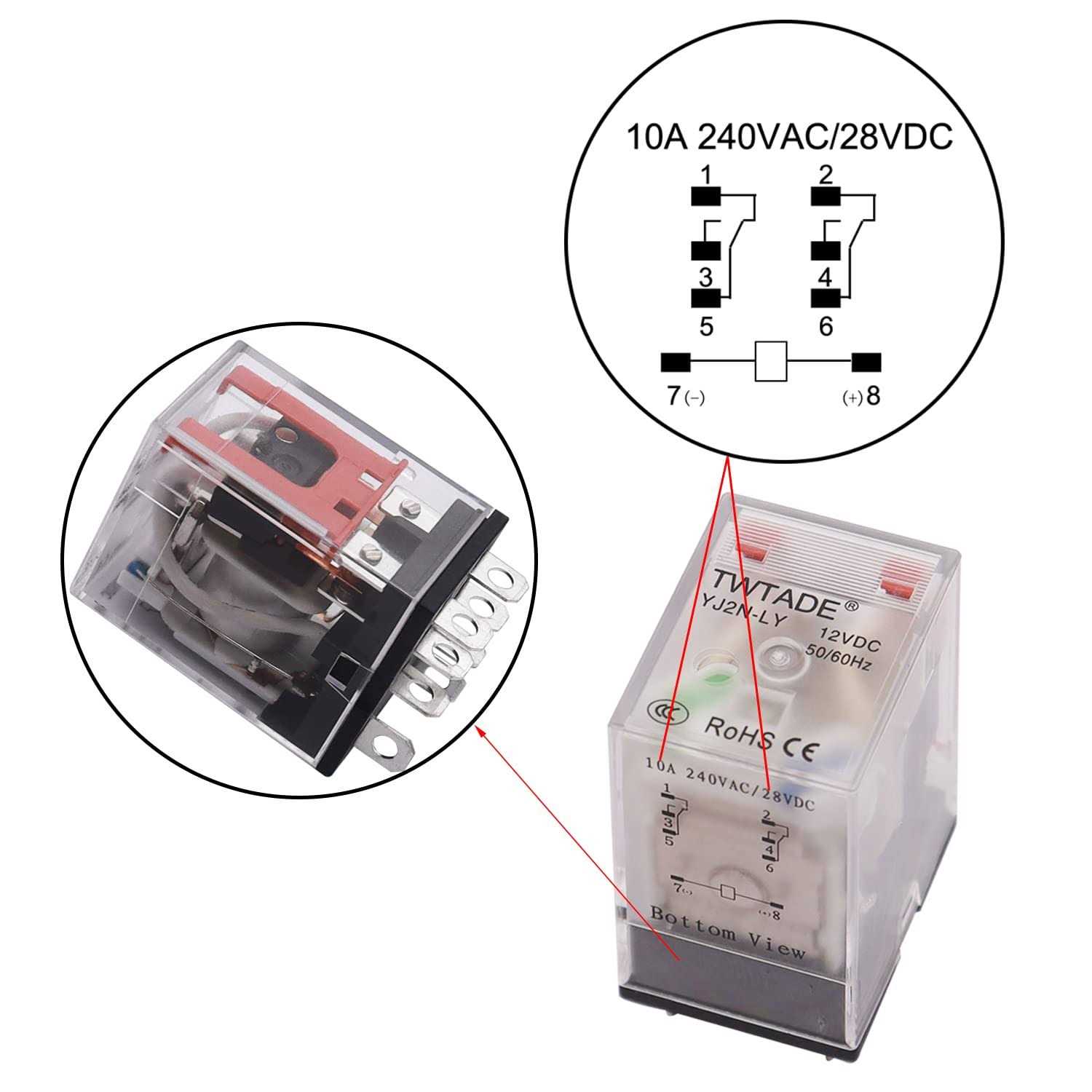 TWTADE 10A Coil Electromagnetic Power Relay 8 Pins 2DPT 2NO+2NC with Indicator Light and Socket Base -YJ2N-LY - Zenithce