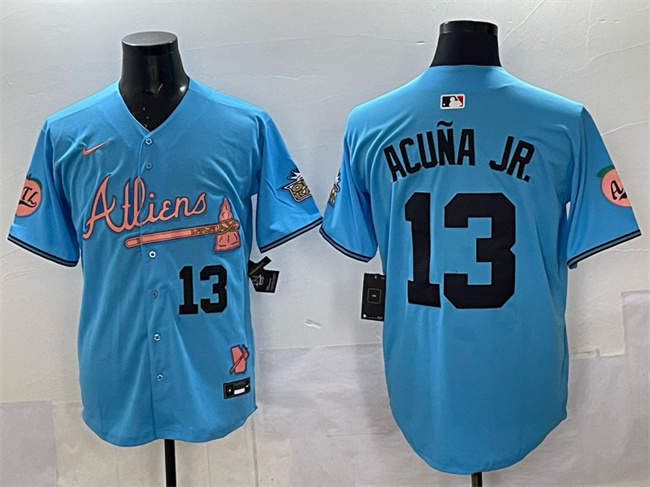 Atlanta Braves #13 Ronald Acuna Jr. Blue 2024 Atliens Peach With Outkast Patch Vapor Limited Stitched Jersey - Zenithce