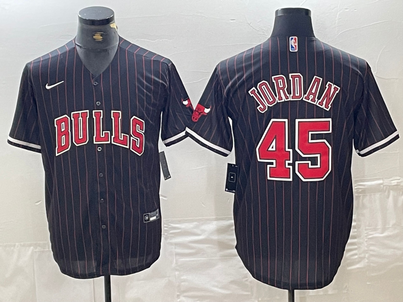 Chicago Bulls #45 Michael Jordan Black Pinstripe Cool Base Stitched Baseball Jerseys - Zenithce