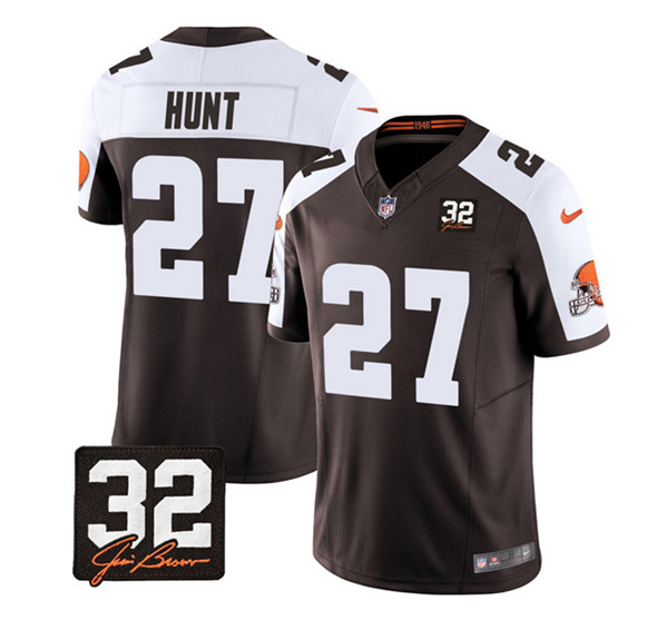 Cleveland Browns #27 Kareem Hunt Brown White 2023 F.U.S.E. With Jim Brown Memorial Patch Vapor Untouchable Limited Stitched Jersey - Zenithce