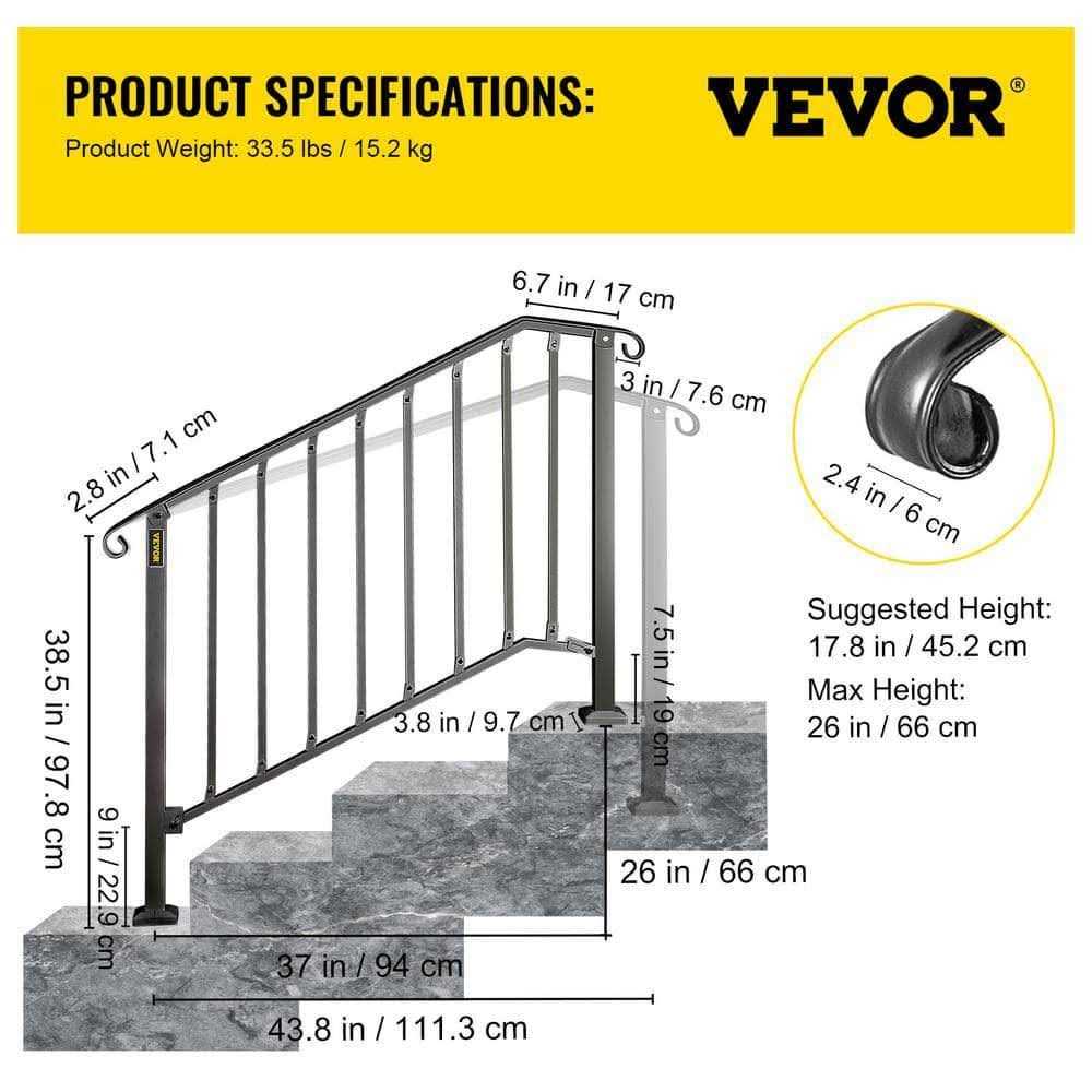 VEVOR Handrails 3 Steps Stair Wrought Iron Handrail Rail for Outdoor Steps - Zenithce