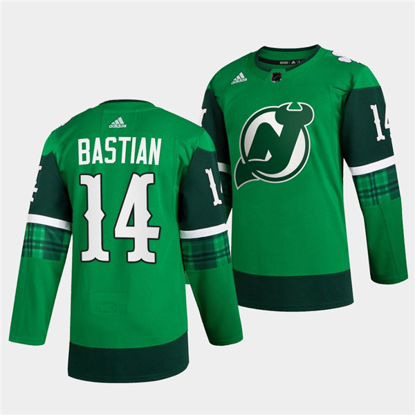 New Jersey Devils #14 Nathan Bastian Green Warm-Up St Patricks Day Stitched Jersey - Zenithce