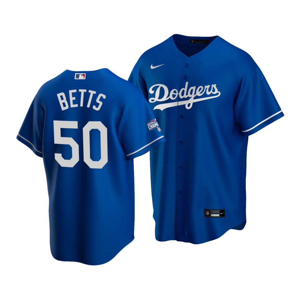 Los Angeles Dodgers #50 Mookie Betts Blue 2020 World Series Champions Home Patch Cool Base Stitched Jersey - Zenithce