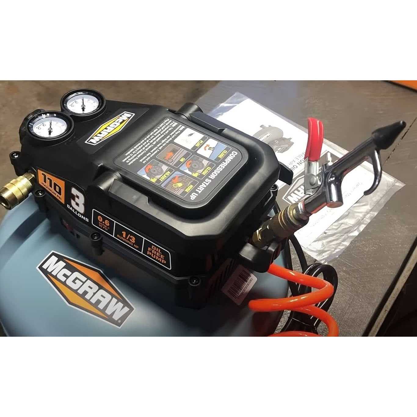 Mcgraw 3 Gallon 1/3 HP 110 PSI Oil-Free Hotdog Air Compressor - Zenithce