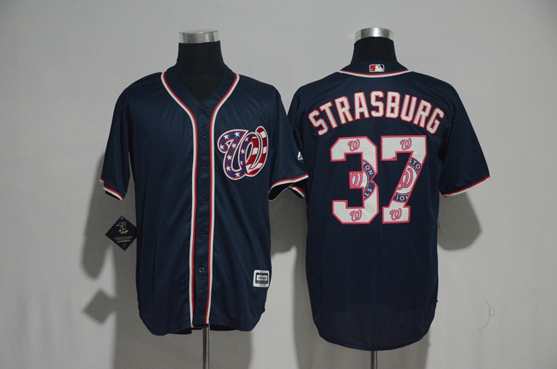 Washington Nationals #37 Stephen Strasburg Navy Team Logo Print Cool Base Stitched Jersey - Zenithce