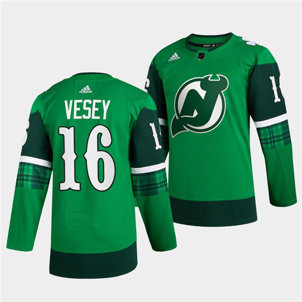 New Jersey Devils #16 Jimmy Vesey Green Warm-Up St Patricks Day Stitched Jersey - Zenithce