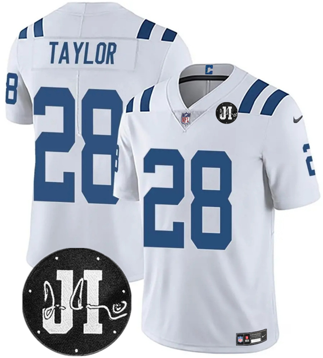 Indianapolis Colts #28 Jonathan Taylor White Jim Irsay Patch Vapor Limited Stitched Jersey - Zenithce