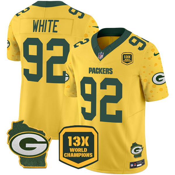 Green Bay Packers #92 Reggie White Gold 2024 F.U.S.E. 13 Time World Champions And Home Patch Vapor Untouchable Limited Stitched Jersey - Zenithce