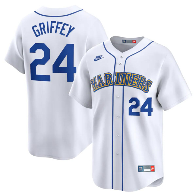 Seattle Mariners #24 Ken Griffey Jr. White Throwback Cooperstown Limited Stitched Jersey - Zenithce