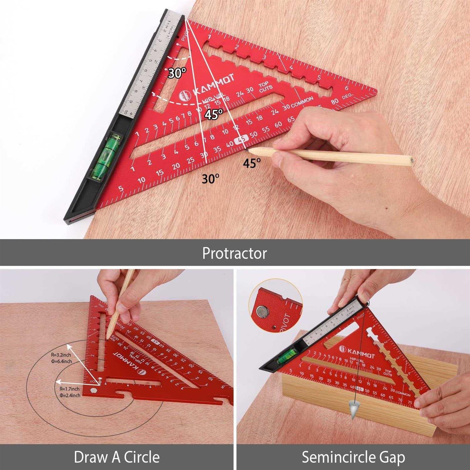 KAMMQI Rafter Square with Level Carpenter Squares Triangle Square 7 Inch Square Aluminum Layout Tools Woodworking - Zenithce