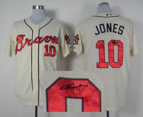 Braves #10 Chipper Jones Cream Cool Base Autographed Stitched Jersey - Zenithce