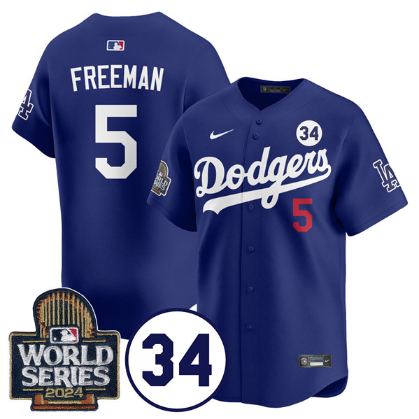 Los Angeles Dodgers #5 Freddie Freeman Royal 2024 World Series With No. 34 Patch Cool Base Stitched Jersey - Zenithce