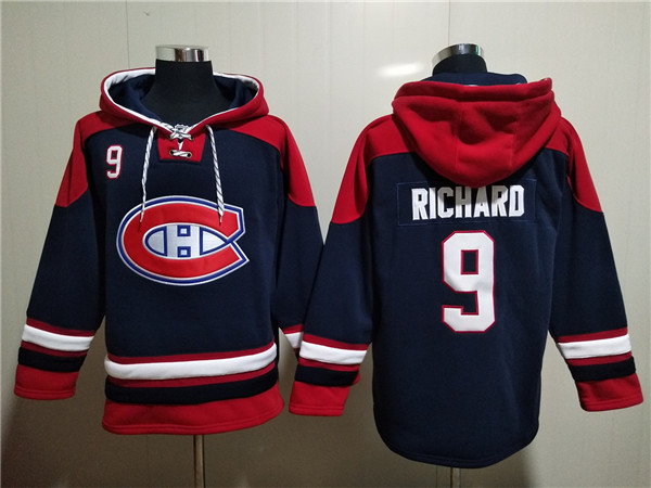 Montreal Canadiens #9 Maurice Richard Navy Red Lace-Up Pullover Hoodie - Zenithce