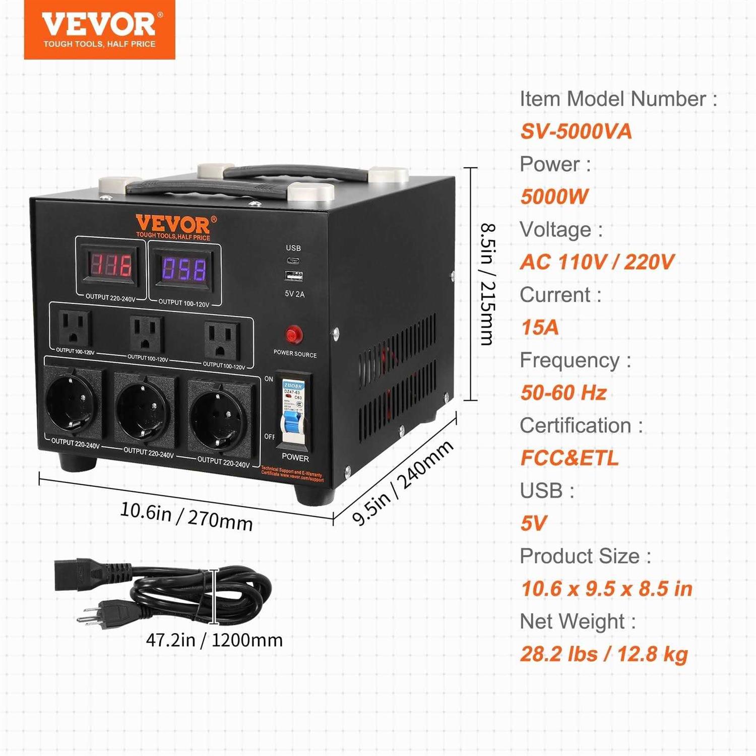 VEVOR Voltage Converter Transformer Heavy Duty Step Up/Down Transformer Convert from 110 Volt to 220 Volt and from 220 Volt to 110 Volt - Zenithce