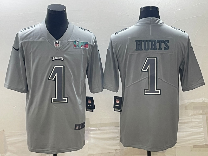 Philadelphia Eagles #1 Jalen Hurts Gray Super Bowl LVII Patch Atmosphere Fashion Stitched Jersey - Zenithce