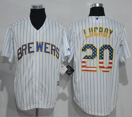 Brewers #20 Jonathan Lucroy White(Blue Strip) USA Flag Fashion Stitched Jersey - Zenithce