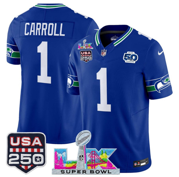 Seattle Seahawks #1 Pete Carroll Royal 2025 F.U.S.E. Super Bowl LX Patch And 50th Season USA 250' Patch Vapor Throwback Limited Stitched Jersey - Zenithce