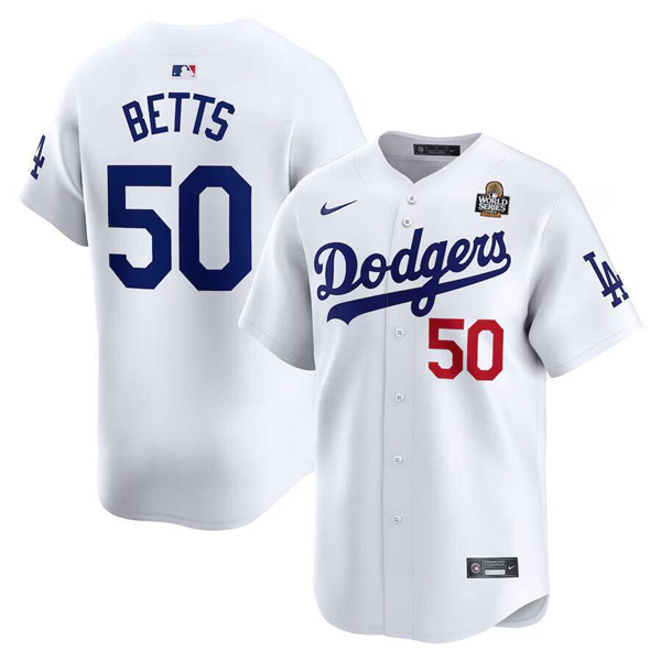 Los Angeles Dodgers #50 Mookie Betts White 2024 World Series Home Limited Cool Base Stitched Jersey - Zenithce