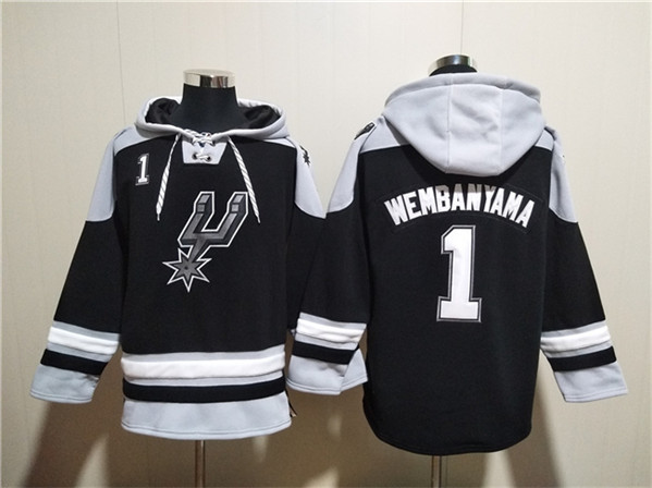 San Antonio Spurs #1 Victor Wembanyama Black Ageless Must-Have Lace-Up Pullover Hoodie - Zenithce