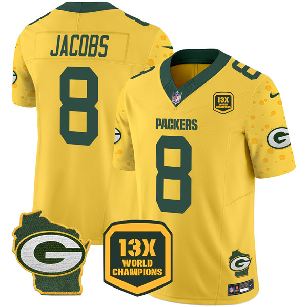 Green Bay Packers #8 Josh Jacobs Gold 2024 F.U.S.E. 13 Time World Champions And Home Patch Vapor Untouchable Limited Stitched Jersey - Zenithce
