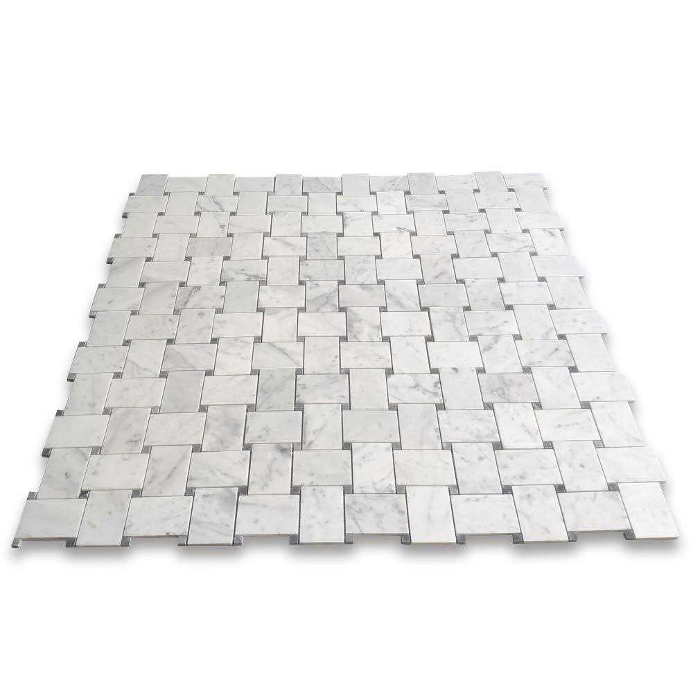 Marble Online Carrara White Marble Large Basketweave Tile Bardiglio Gray Dots - Zenithce