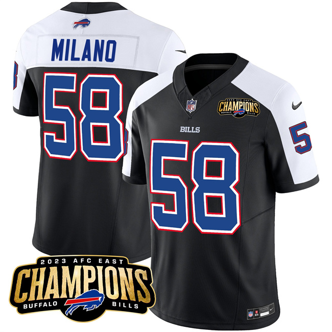 Buffalo Bills #58 Matt Milano Black White 2023 F.U.S.E. AFC East Champions With 4-Star C Ptach Stitched Jersey - Zenithce