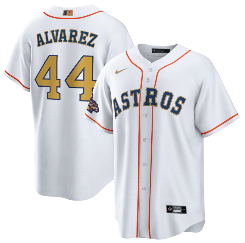 Houston Astros #44 Yordan Alvarez White 2023 Gold Collection With World Serise Champions Patch Cool Base Stitched Jersey - Zenithce
