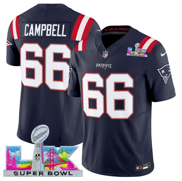 New England Patriots #66 Will Campbell Navy 2025 F.U.S.E. Super Bowl LX Patch Vapor Limited Stitched Jersey - Zenithce