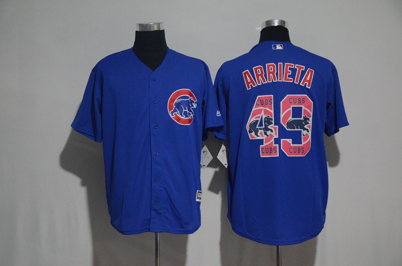 Chicago Cubs #49 Jake Arrieta Blue Team Logo Print Cool Base Stitched Jersey - Zenithce