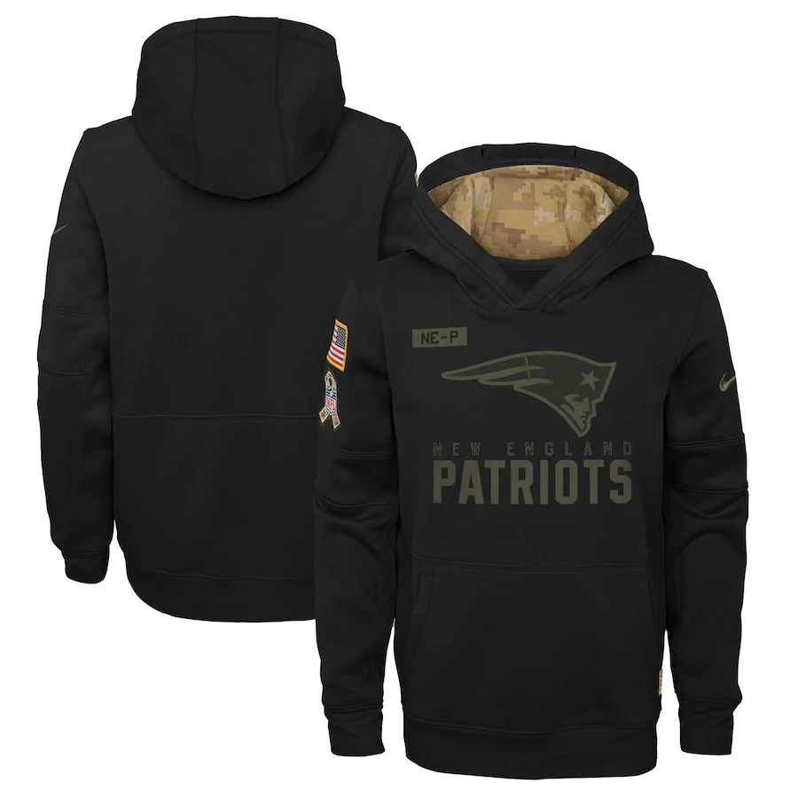 Youth New England Patriots 2020 Black Salute To Service Sideline Performance Pullover Hoodie - Zenithce