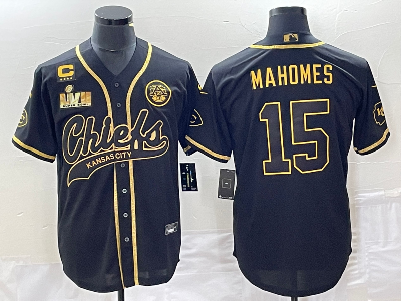 Kansas City Chiefs #15 Patrick Mahomes Black Gold With 4-Star C Patch And Super Bowl LVII Patch Cool Bae Stitched Jersey - Zenithce