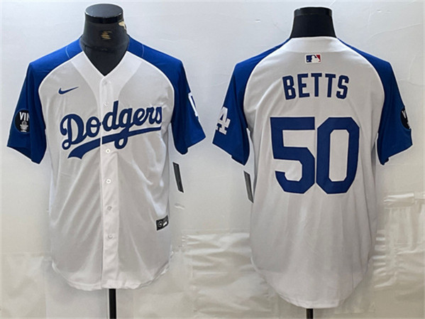 Los Angeles Dodgers #50 Mookie Betts White Blue Vin Patch Cool Base Stitched Jersey - Zenithce
