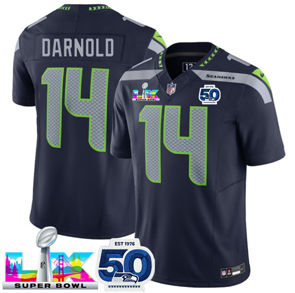 Seattle Seahawks #14 Sam Darnold Navy 2025 F.U.S.E. Super Bowl LX Patch And 50th Season Patch Vapor Limited Stitched Jersey - Zenithce