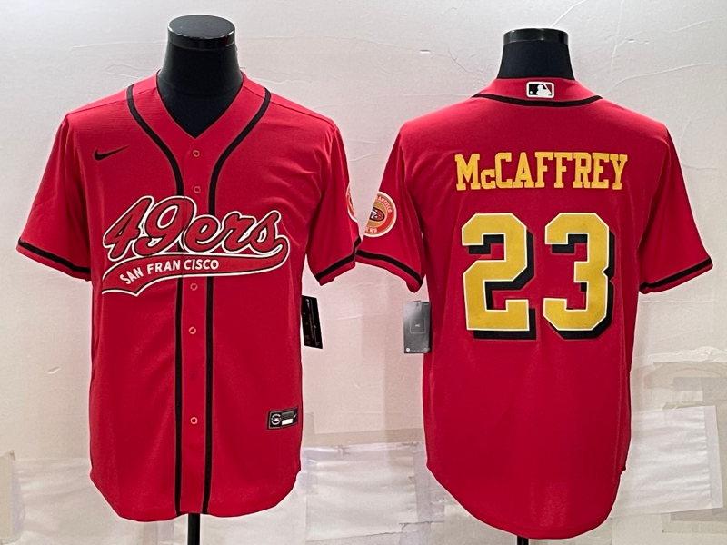 San Francisco 49ers #23 Christian McCaffrey Red Gold With Patch Cool Base Stitched Baseball Jersey - Zenithce
