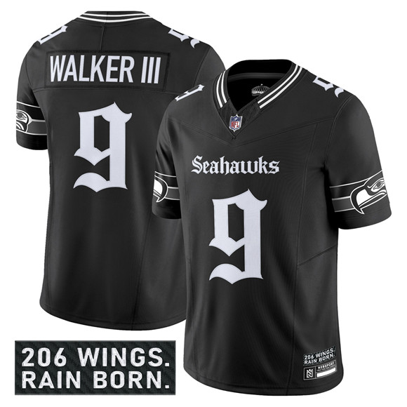 Seattle Seahawks #9 Kenneth Walker III Black 2025 F.U.S.E. 'Gothic Rain City Shadows Edition' Vapor Limited Football Stitched Jersey - Zenithce