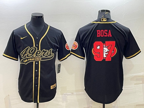 San Francisco 49ers #97 Nick Bosa Black Gold Team Big Logo With Patch Cool Base Stitched Baseball Jersey - Zenithce