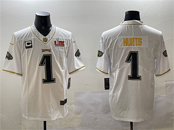 Philadelphia Eagles #1 Jalen Hurts White Gold 2025 Super Bowl LIX Patch And 3-Star C Patch Salute To Service Vapor Untouchable Limited Stitched Jersey - Zenithce