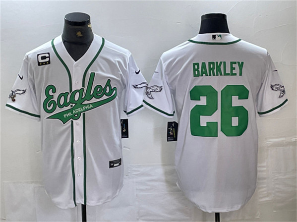 Philadelphia Eagles #26 Saquon Barkley White With 3-Star C Patch Cool Base Stitched Jersey - Zenithce